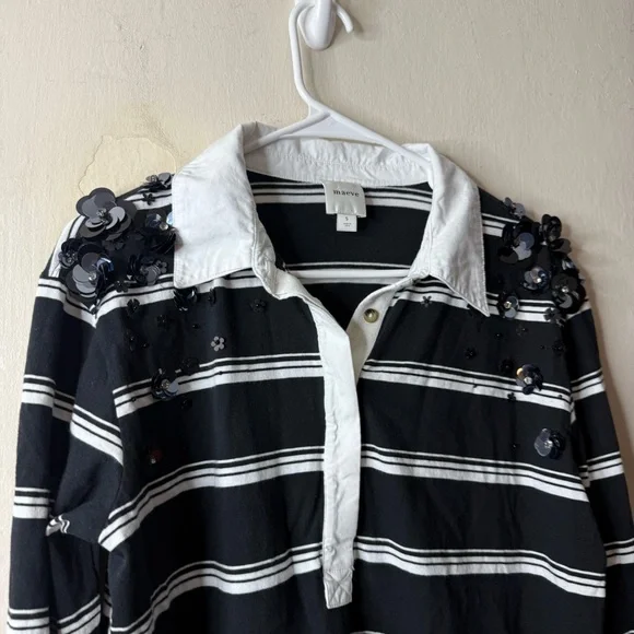 Anthropologie Maeve Black White It Girl Embellished Polo Top - Picture 3 of 7